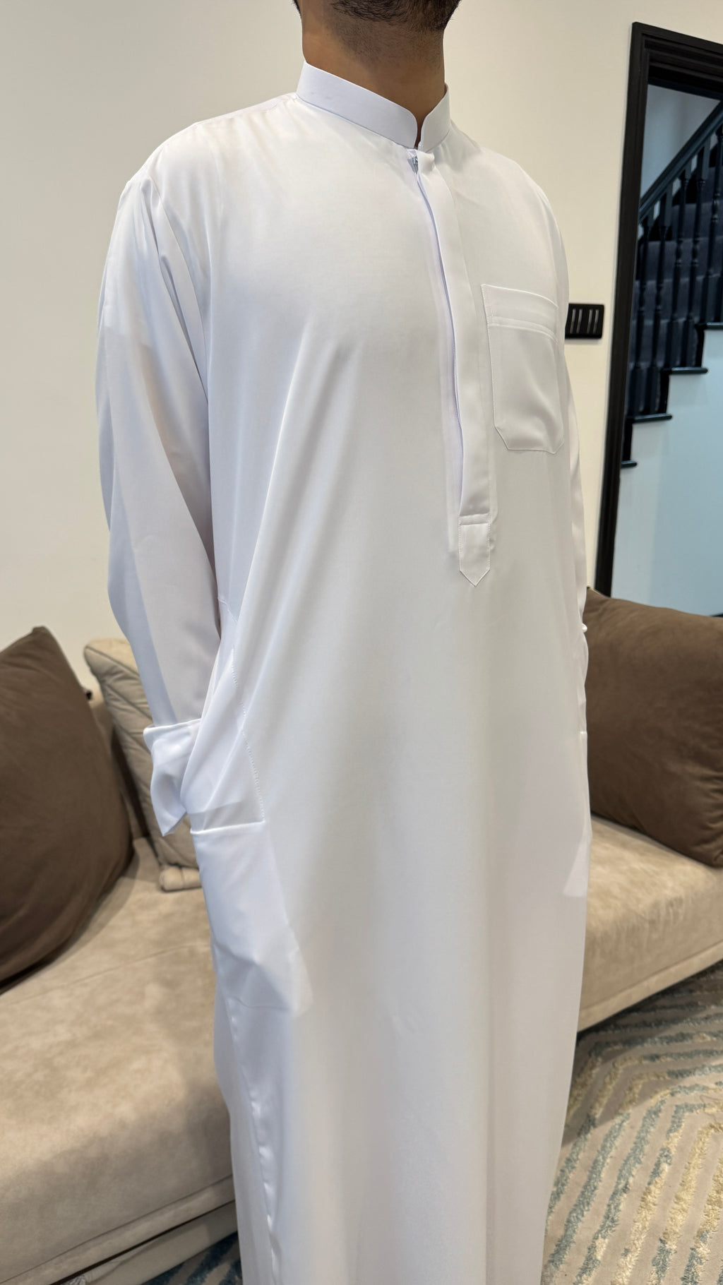 White Kuwaiti Collared Zibda Thobe